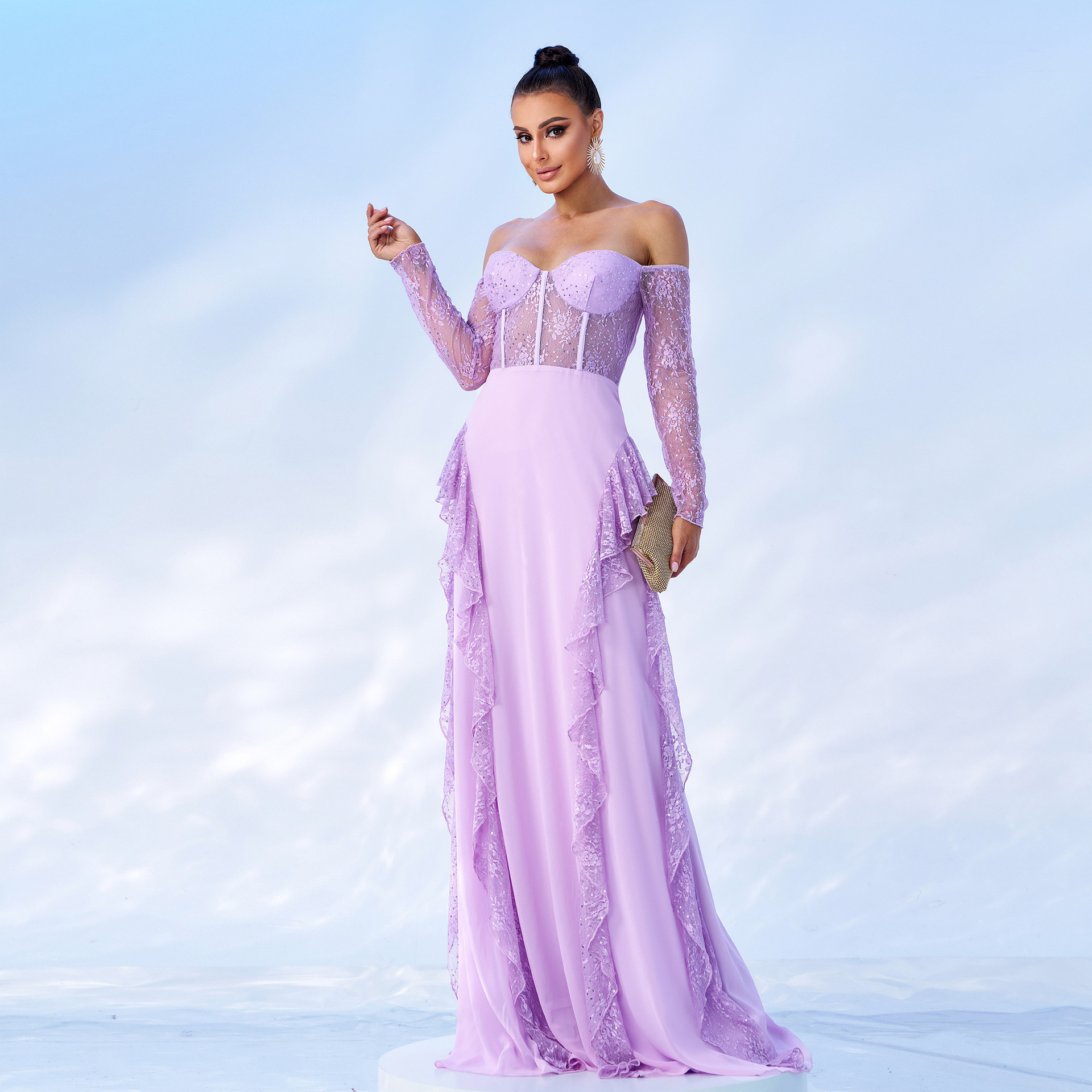 Long Sleeve Off Shoulder Meshchiffon Formal Party Evening Gown Long Bridesmaid Dress