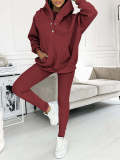 Women's Sports Casual Hooded Hoodies Ribbed Slim Vest Pants Three-Piece Set