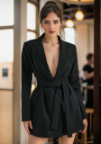 Solid Color Casual Long Sleeve Belt Blazer Women Jacket