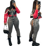 Women's Embroidered Flame Patchwork Leather Jacket