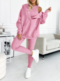 Women's Sports Casual Hooded Hoodies Ribbed Slim Vest Pants Three-Piece Set