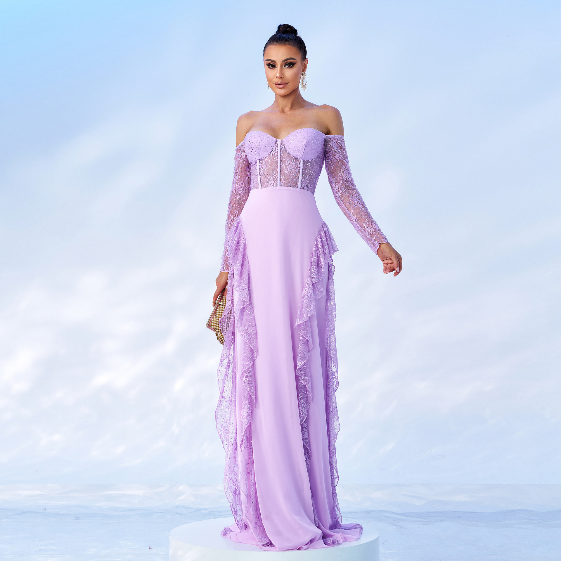 Long Sleeve Off Shoulder Meshchiffon Formal Party Evening Gown Long Bridesmaid Dress