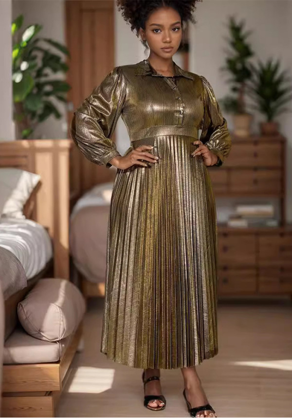 Plus Size Lantern Sleeve Luxury Formal Party Pleated Dress