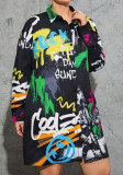 Fashion Print Loose Plus Size Women's Turndown Collar Long-Sleeved Shirt Dress