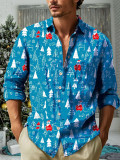 Spring Autumn Men's Casual Christmas Print Turndown Collar Long Sleeve Shirt