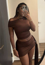 Fashionable Women's Solid Color Slash Shoulder Slim Short Skirt Two Piece Set Fashionable Women's Solid Color Slash Shoulder Slim Short Skirt Two Piece Set