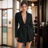 Solid Color Casual Long Sleeve Belt Blazer Women Jacket