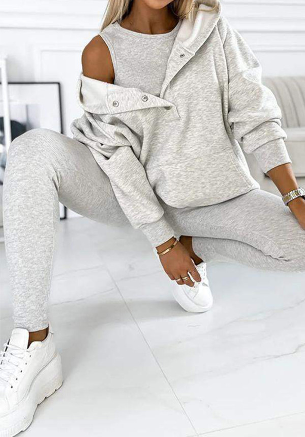 Women's Sports Casual Hooded Hoodies Ribbed Slim Vest Pants Three-Piece Set