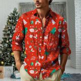 Spring Autumn Men's Casual Christmas Print Turndown Collar Long Sleeve Shirt