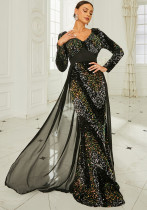Long Sleeve V Neck Sexy Sequin Formal Party Evening Gown Long Bridesmaid Dress