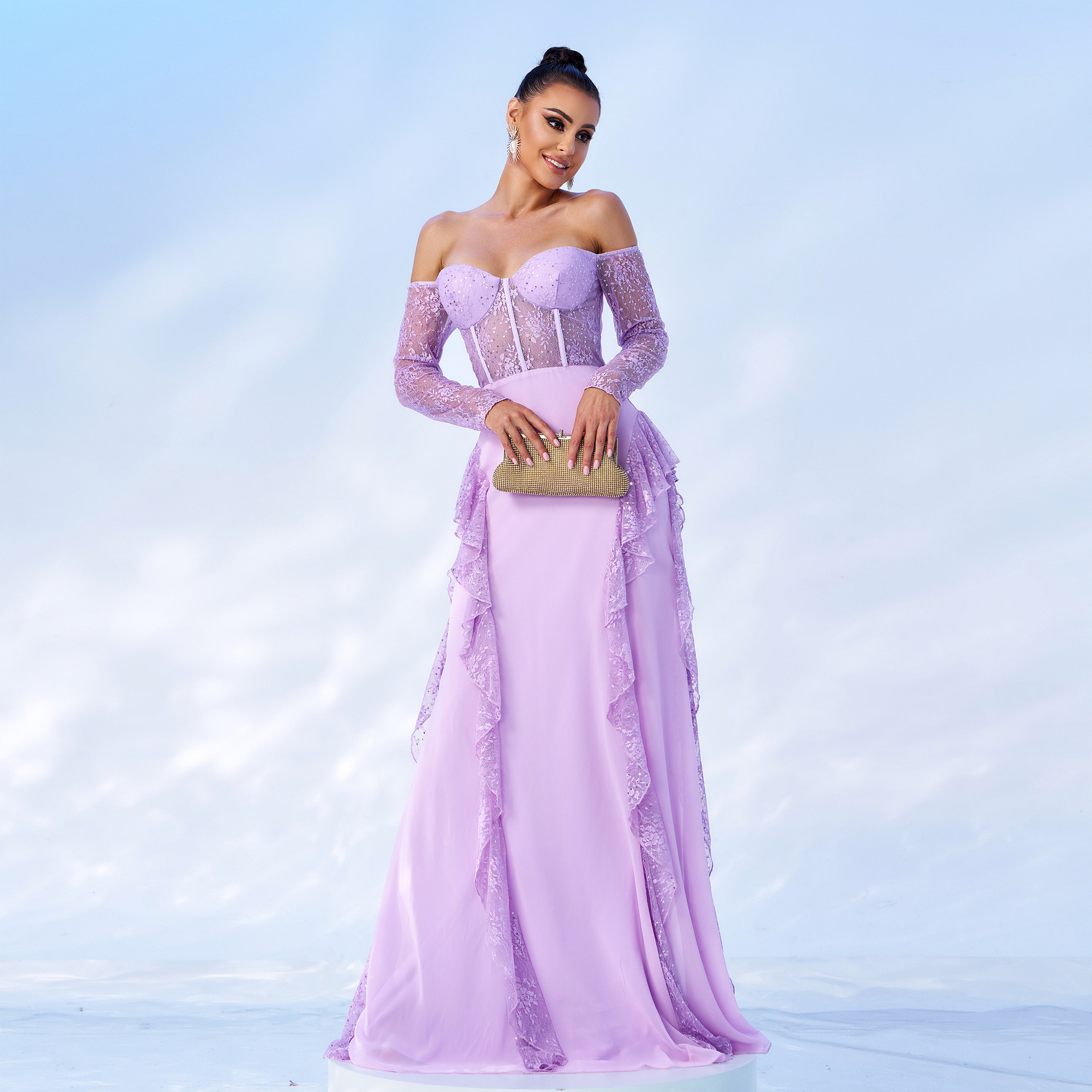 Long Sleeve Off Shoulder Meshchiffon Formal Party Evening Gown Long Bridesmaid Dress