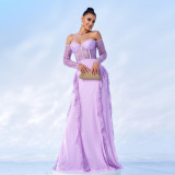 Long Sleeve Off Shoulder Meshchiffon Formal Party Evening Gown Long Bridesmaid Dress