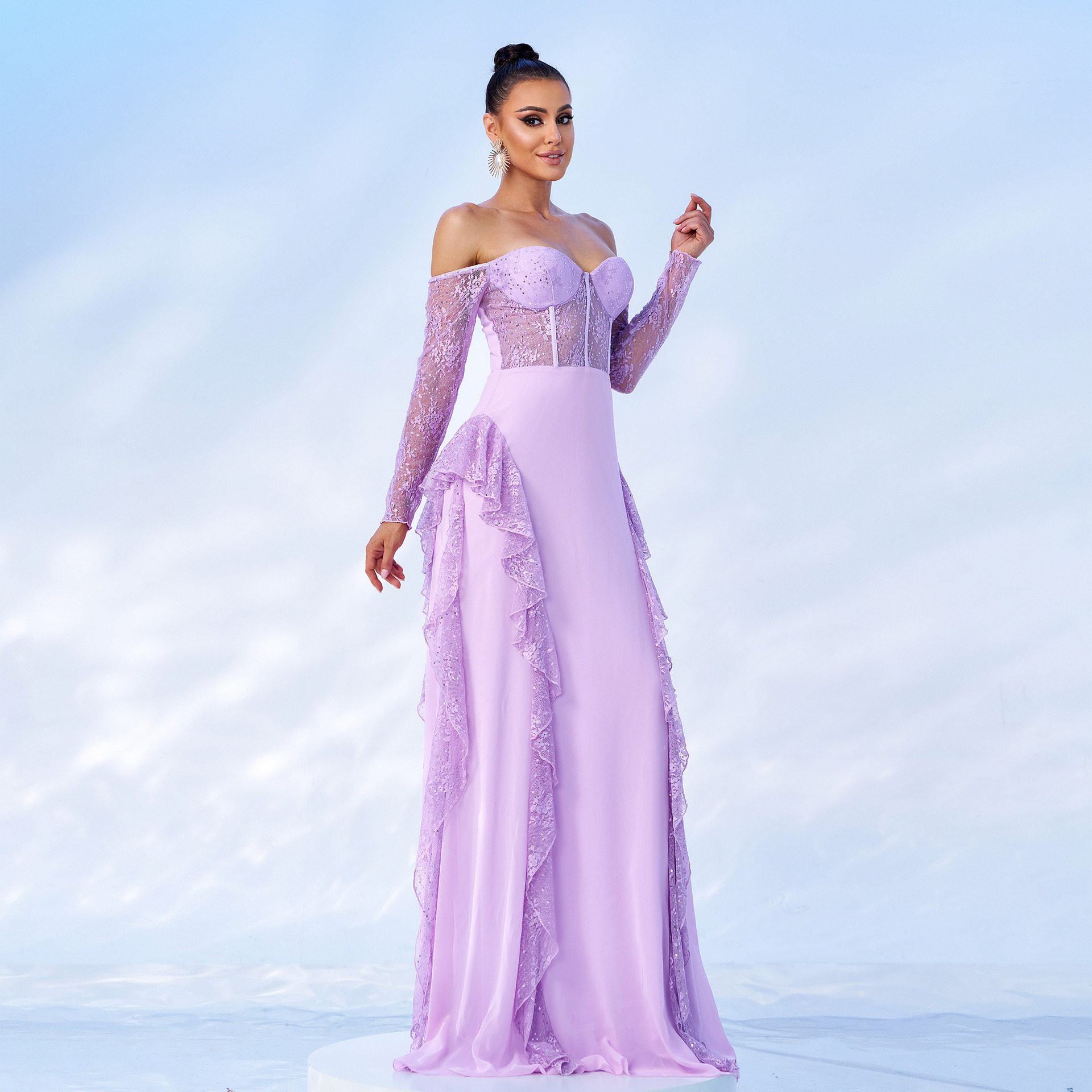 Long Sleeve Off Shoulder Meshchiffon Formal Party Evening Gown Long Bridesmaid Dress