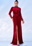 Long Sleeve Round Neck Sexy Velvet Formal Party Evening Gown Long Bridesmaid Dress