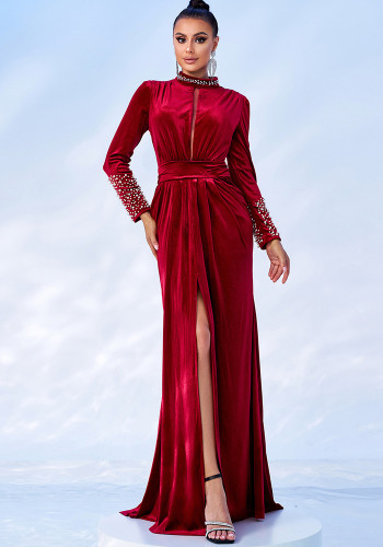 Long Sleeve Round Neck Sexy Velvet Formal Party Evening Gown Long Bridesmaid Dress