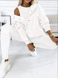 Women's Sports Casual Hooded Hoodies Ribbed Slim Vest Pants Three-Piece Set