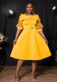 Bow Knot See-Through Lantern Sleeve Party Dress Plus Size A-Line Yellow Dress