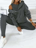 Women's Sports Casual Hooded Hoodies Ribbed Slim Vest Pants Three-Piece Set