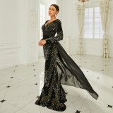 Long Sleeve V Neck Sexy Sequin Formal Party Evening Gown Long Bridesmaid Dress