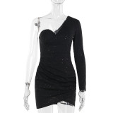 Women Autumn Sexy One Shoulder Long Sleeve Gathered Bodycon Dress