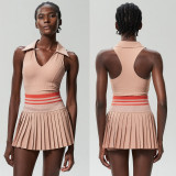 Women Sports Fitness Tennis Skirt V-Neck Yoga Suit Two Piece Set
