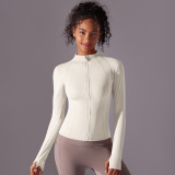Women Solid Stand Collar Zipper Long Sleeve Yoga Top