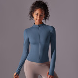 Women Solid Stand Collar Zipper Long Sleeve Yoga Top