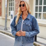 Women Washed Crop Long Sleeve Denim Jacket