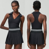 Women Sports Fitness Tennis Skirt V-Neck Yoga Suit Two Piece Set