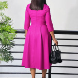 Plus Size African Women Autumn Elegant Solid Pleated Dress
