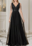 Women Sequin Black Mesh Evening Dress