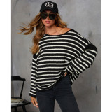 Women Striped Knitting Loose Bat Long Sleeve Sweater