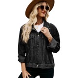 Women Washed Crop Long Sleeve Denim Jacket
