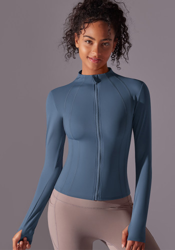 Women Solid Stand Collar Zipper Long Sleeve Yoga Top