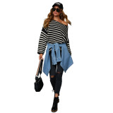 Women Striped Knitting Loose Bat Long Sleeve Sweater