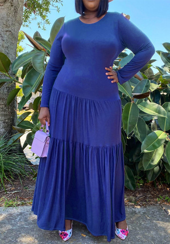 Plus Size Women Round Neck Solid Pleated Dress