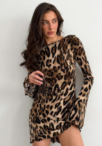 Women Round Neck Long Sleeve Leopard Dress