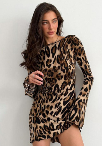 Women Round Neck Long Sleeve Leopard Dress