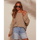 Women Striped Knitting Loose Bat Long Sleeve Sweater