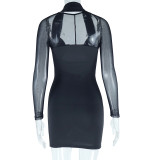 Women Sexy Halter Neck Mesh Patchwork Long Sleeve Dress