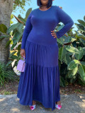 Plus Size Women Round Neck Solid Pleated Dress