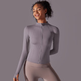Women Solid Stand Collar Zipper Long Sleeve Yoga Top
