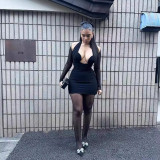 Women Sexy Halter Neck Mesh Patchwork Long Sleeve Dress