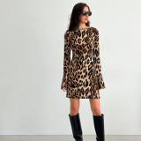 Women Round Neck Long Sleeve Leopard Dress