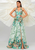 Women Sleeveless V-Neck Halter Neck Maxi Wedding Evening Dress