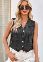 Women Spring Washed Collarless Denim Crop Vest