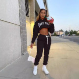 Women Solid Sports Letter Hoodies and Sweatpants Two Piece Set
