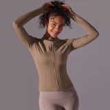 Women Solid Stand Collar Zipper Long Sleeve Yoga Top