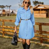Women Washed Denim Loose Casual Long Sleeve Dress