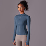 Women Solid Stand Collar Zipper Long Sleeve Yoga Top